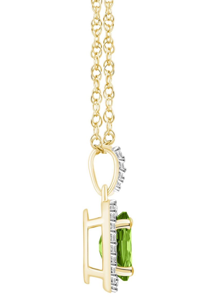 10K Yellow Gold 8x6mm Oval Peridot And Created White Sapphire Halo Pendant Necklace