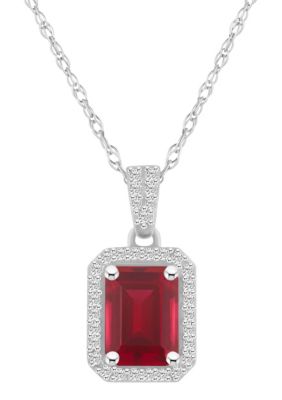 Belk & Co Lab Created 10K White Gold 8x6mm Emerald Cut Created Ruby And Created White Sapphire Halo Pendant Necklace