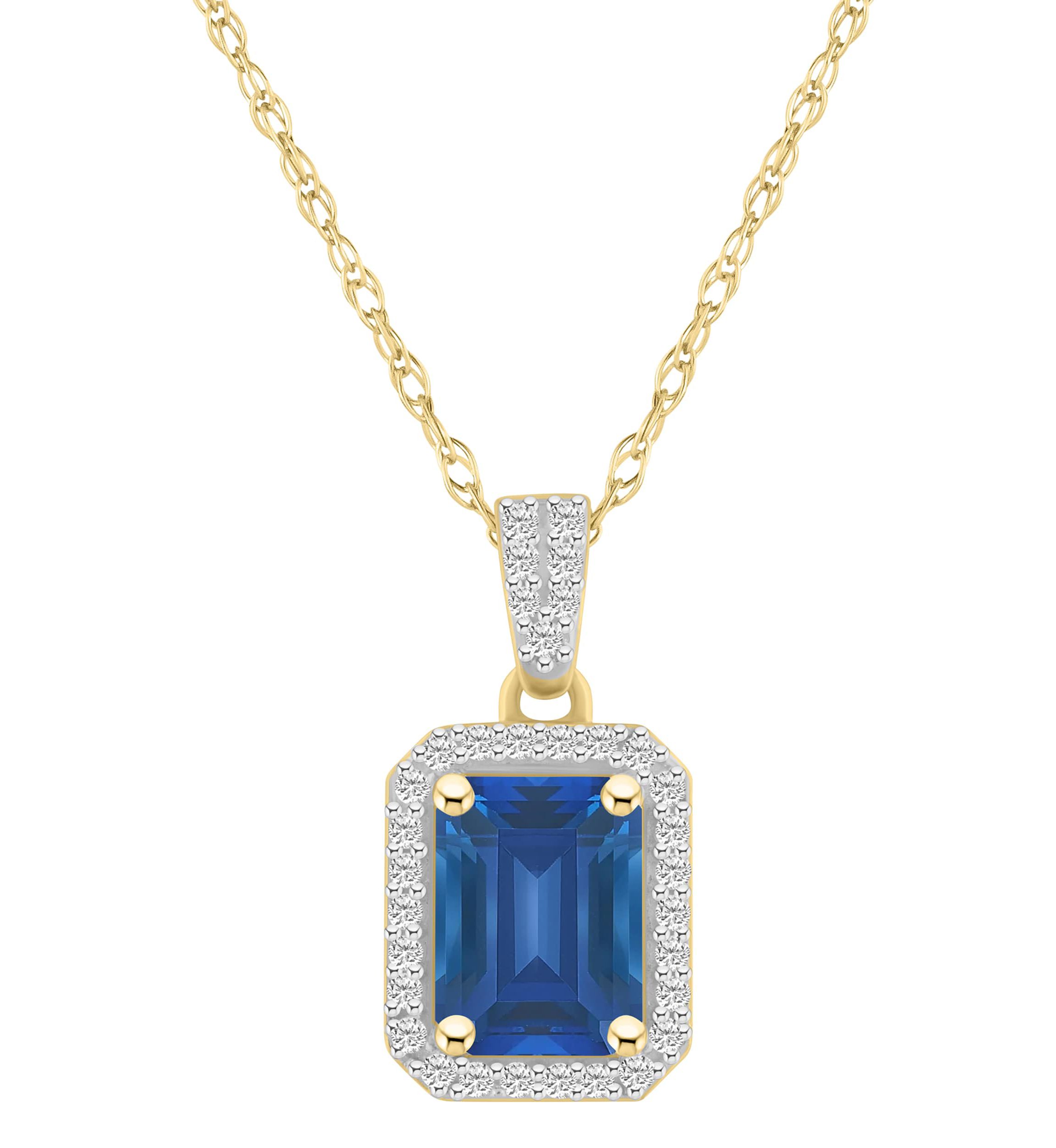 Lab Created 10K Yellow Gold 8x6mm Emerald Cut Created Sapphire & Created White Sapphire Halo Pendant Necklace