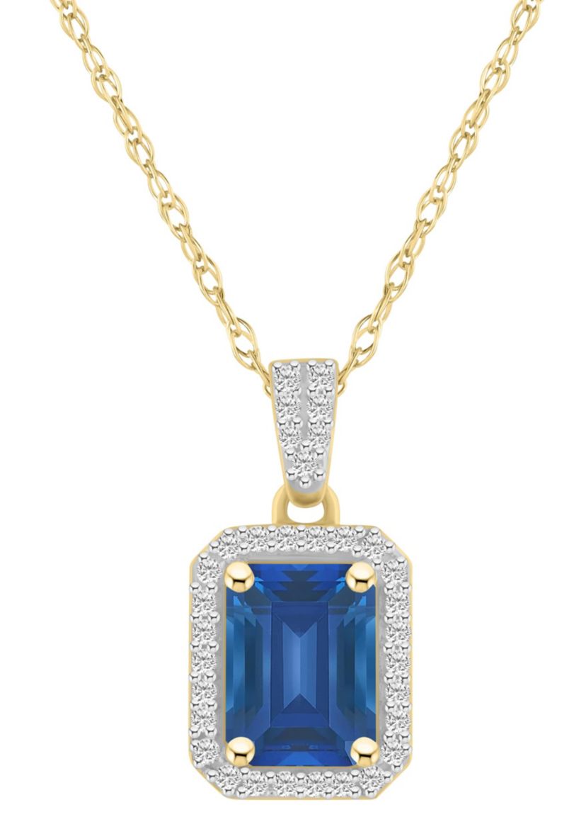 Lab Created 10K Yellow Gold 8x6mm Emerald Cut Created Sapphire & Created White Sapphire Halo Pendant Necklace