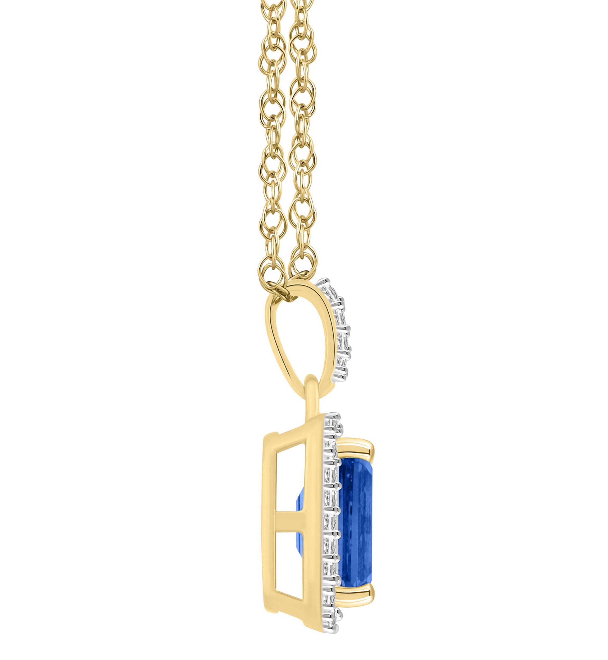 Lab Created 10K Yellow Gold 8x6mm Emerald Cut Created Sapphire & Created White Sapphire Halo Pendant Necklace