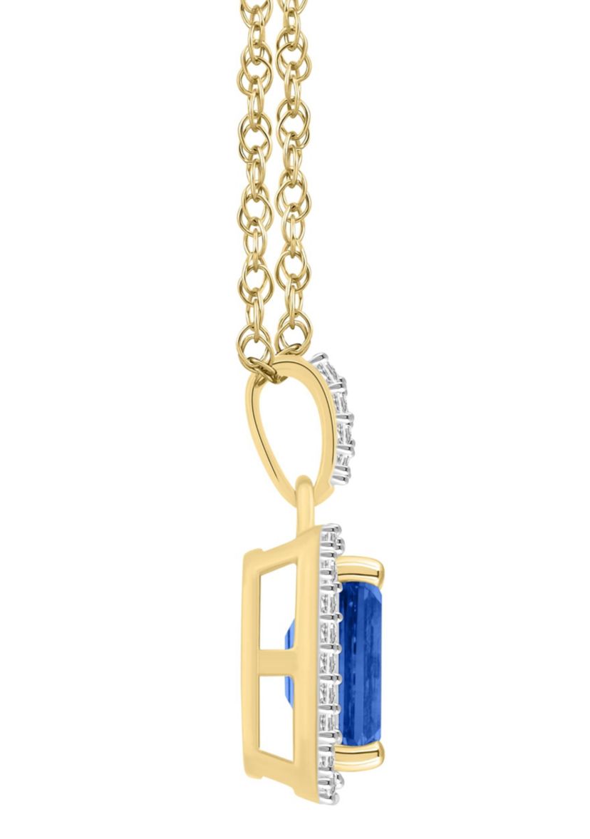 Lab Created 10K Yellow Gold 8x6mm Emerald Cut Created Sapphire & Created White Sapphire Halo Pendant Necklace