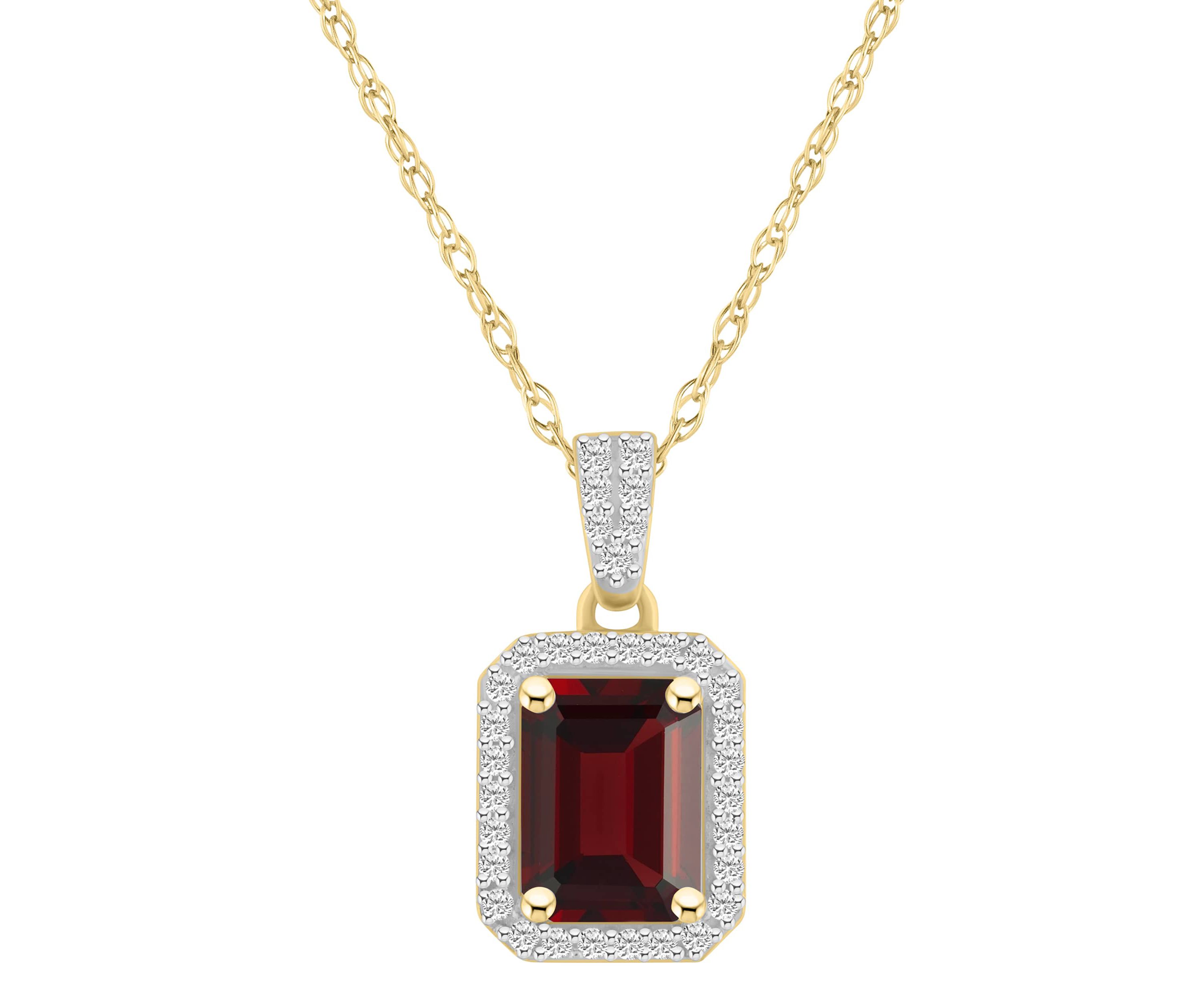 10K Yellow Gold 8x6mm Emerald Cut Garnet & Created White Sapphire Halo Pendant Necklace