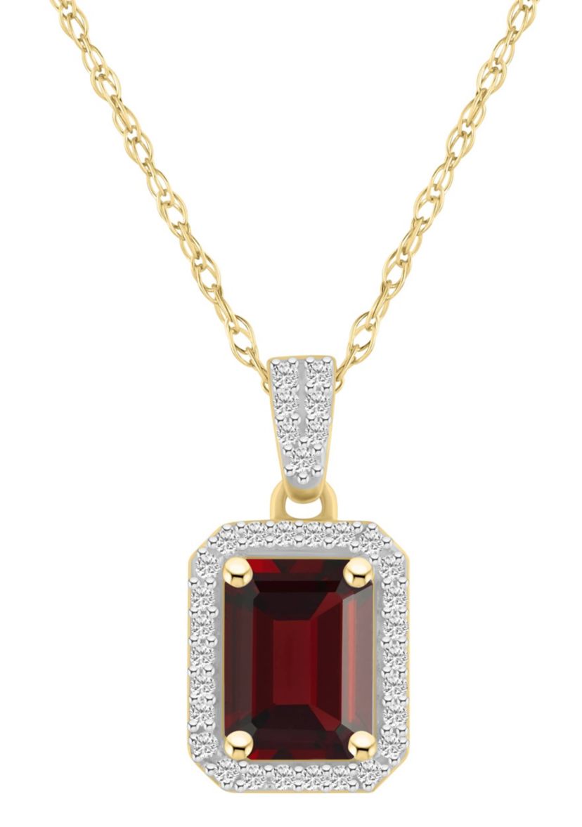 10K Yellow Gold 8x6mm Emerald Cut Garnet & Created White Sapphire Halo Pendant Necklace