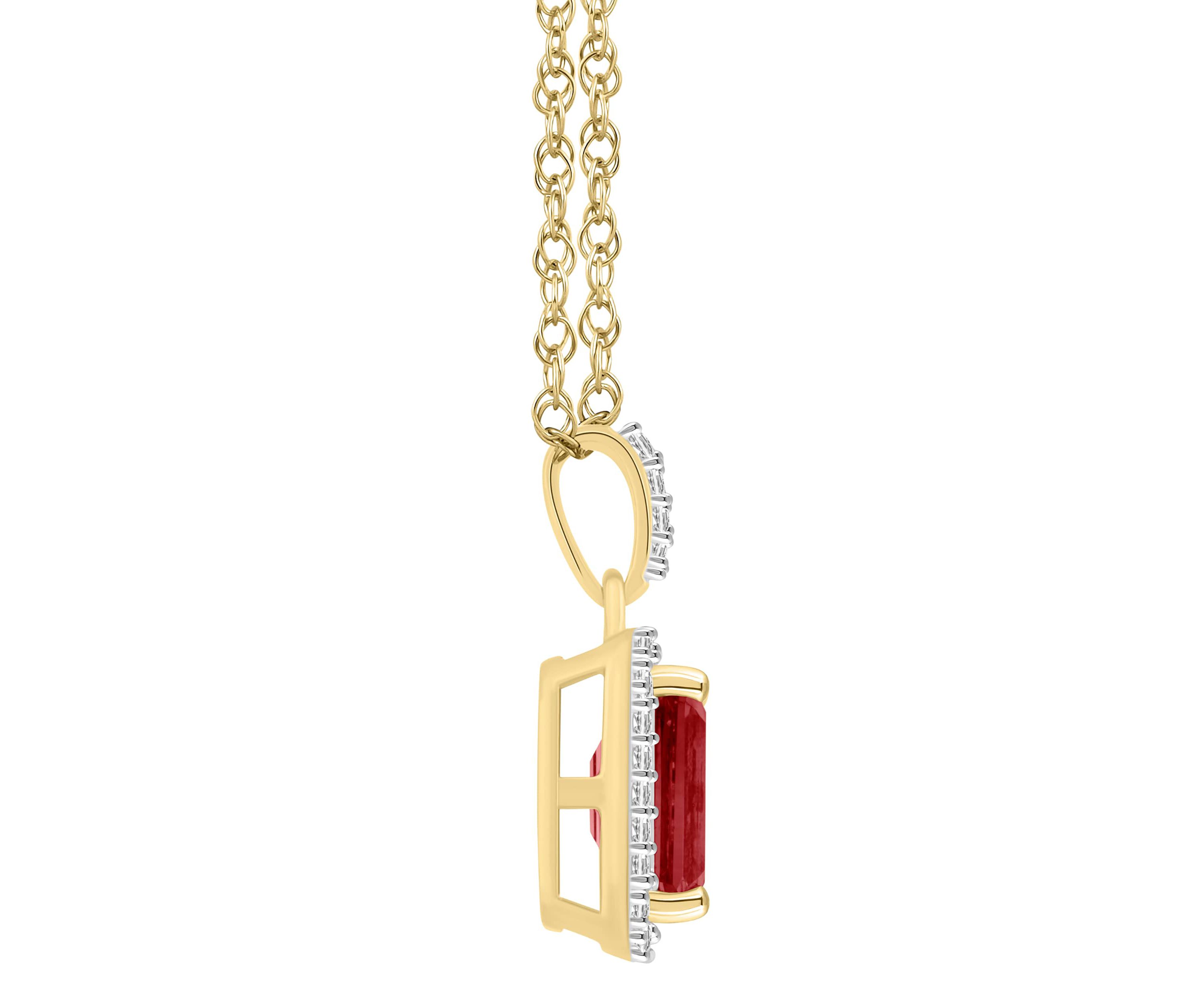 10K Yellow Gold 8x6mm Emerald Cut Garnet & Created White Sapphire Halo Pendant Necklace