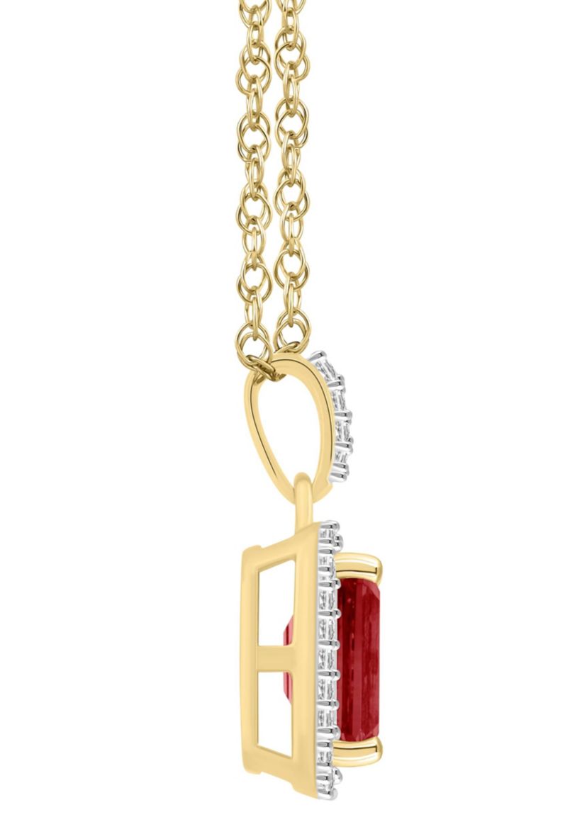 10K Yellow Gold 8x6mm Emerald Cut Garnet & Created White Sapphire Halo Pendant Necklace