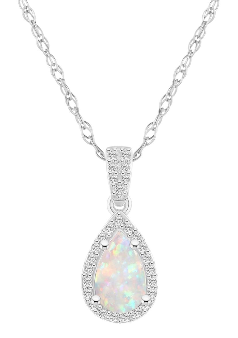 Lab Created 10K White Gold 8x5mm Pear Shape Created Opal & Created White Sapphire Halo Pendant Necklace