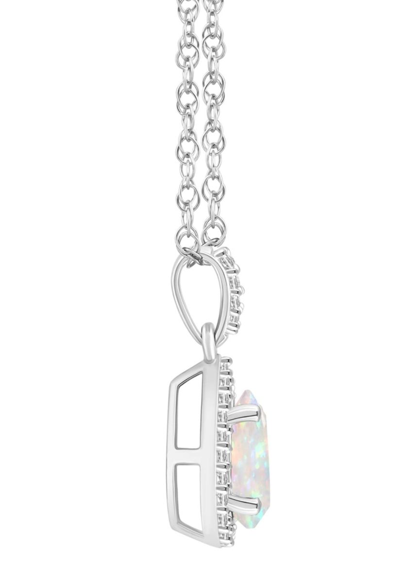 Lab Created 10K White Gold 8x5mm Pear Shape Created Opal & Created White Sapphire Halo Pendant Necklace