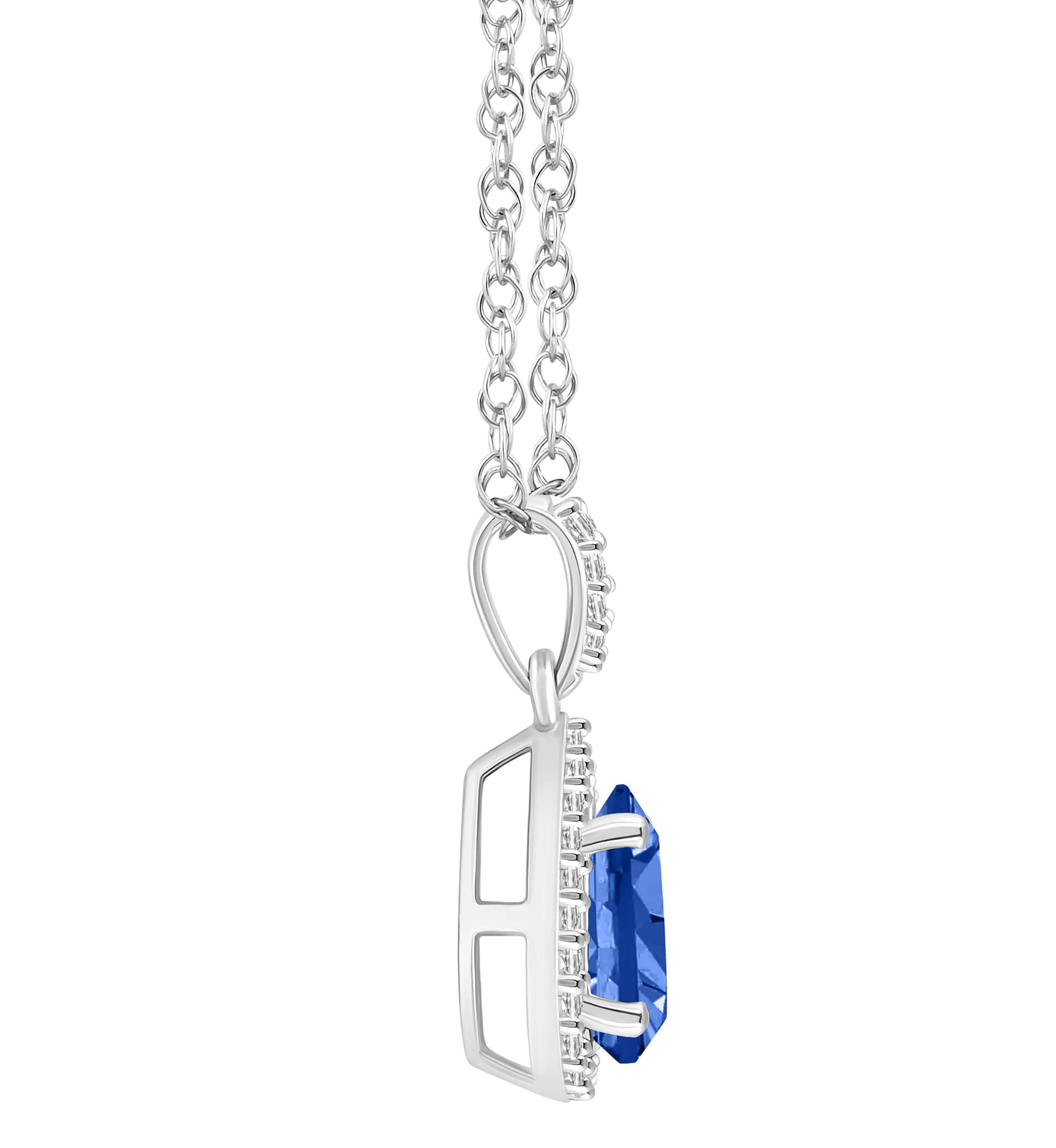 Lab Created 10K White Gold 8x5mm Pear Shape Created Sapphire & Created White Sapphire Halo Pendant Necklace