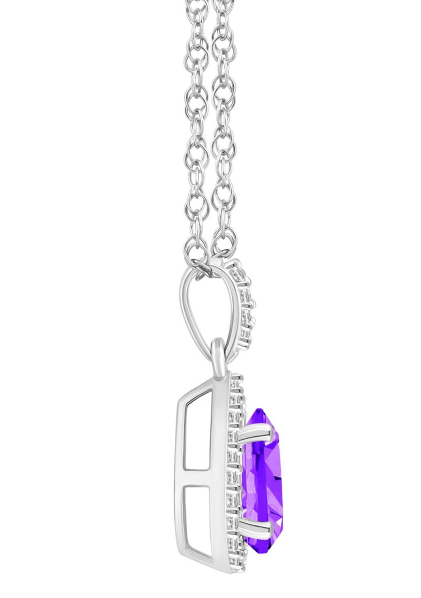 10K White Gold 8x5mm Pear Shape Amethyst & Created White Sapphire Halo Pendant Necklace