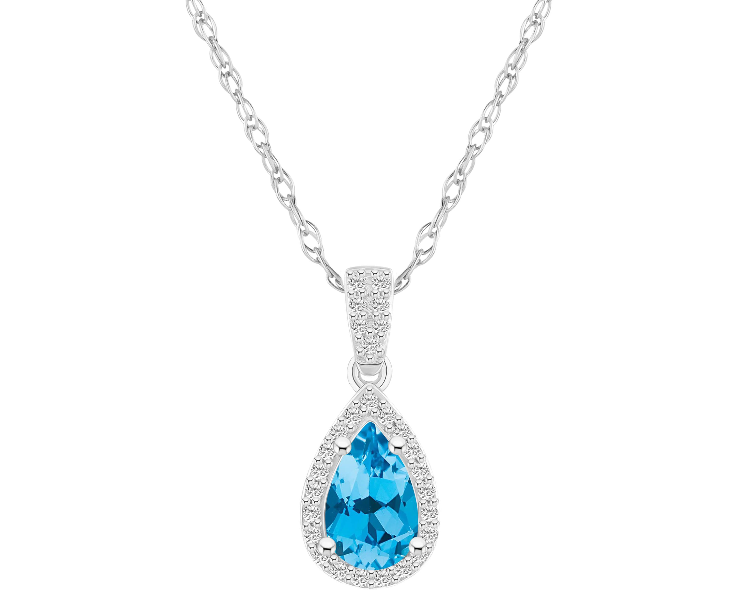 10K White Gold 8x5mm Pear Shape Blue Topaz & Created White Sapphire Halo Pendant Necklace
