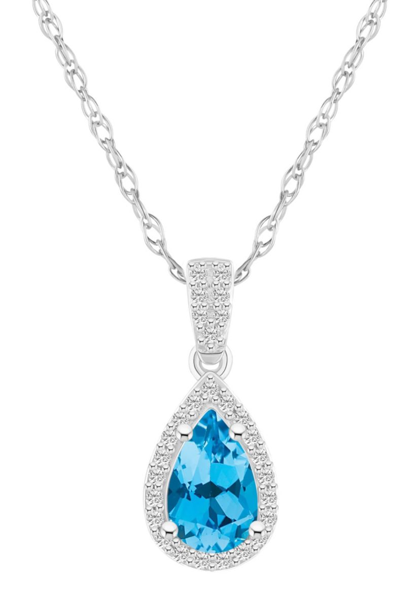 10K White Gold 8x5mm Pear Shape Blue Topaz & Created White Sapphire Halo Pendant Necklace