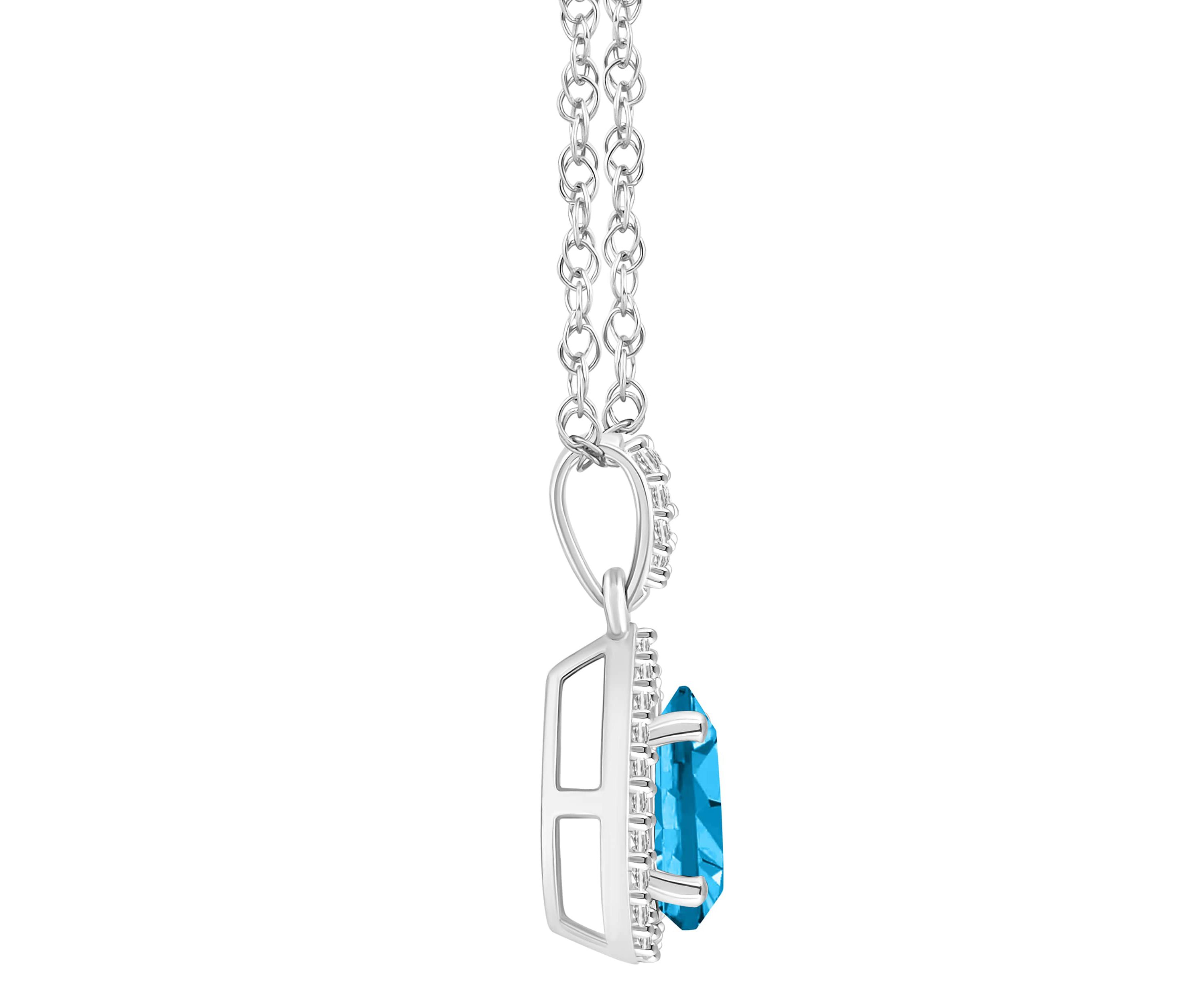 10K White Gold 8x5mm Pear Shape Blue Topaz & Created White Sapphire Halo Pendant Necklace