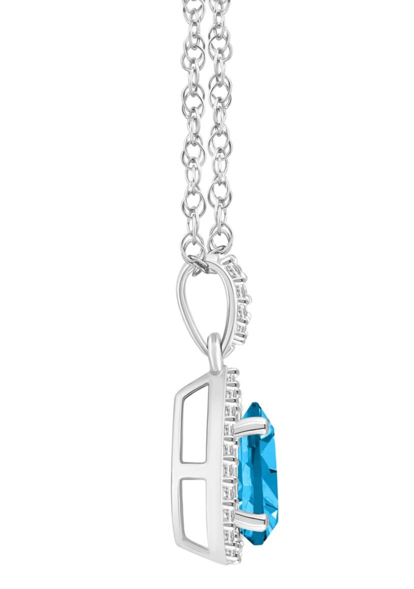 10K White Gold 8x5mm Pear Shape Blue Topaz & Created White Sapphire Halo Pendant Necklace