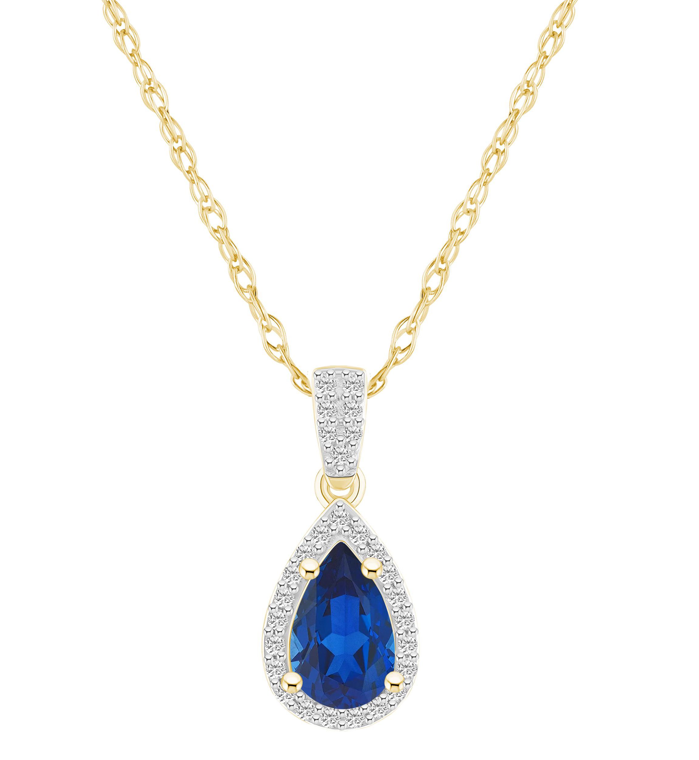 Lab Created 10K Yellow Gold 8x5mm Pear Shape Created Sapphire And Created White Sapphire Halo Pendant Necklace