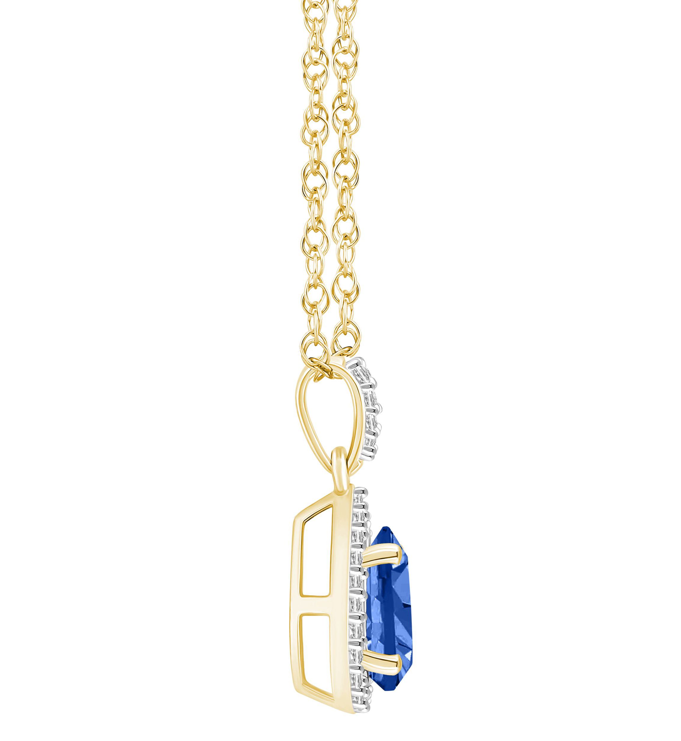 Lab Created 10K Yellow Gold 8x5mm Pear Shape Created Sapphire And Created White Sapphire Halo Pendant Necklace