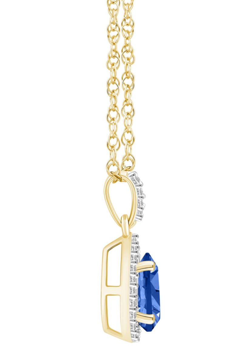 Lab Created 10K Yellow Gold 8x5mm Pear Shape Created Sapphire And Created White Sapphire Halo Pendant Necklace