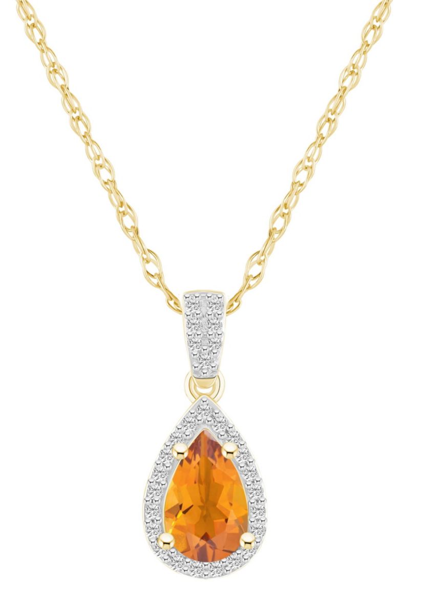 10K Yellow Gold 8x5mm Pear Shape Citrine And Created White Sapphire Halo Pendant Necklace