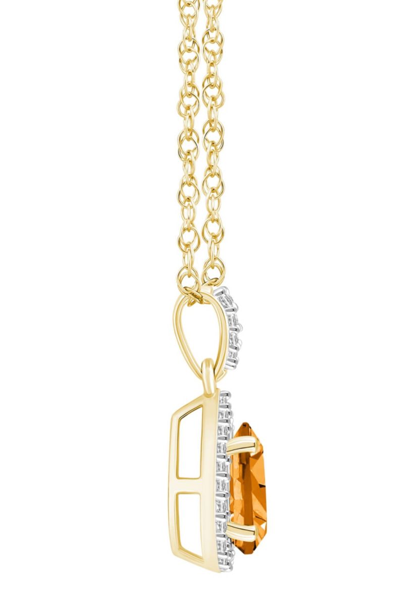 10K Yellow Gold 8x5mm Pear Shape Citrine And Created White Sapphire Halo Pendant Necklace