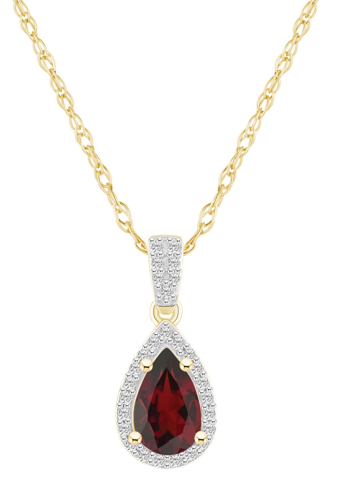10K Yellow Gold 8x5mm Pear Shape Garnet And Created White Sapphire Halo Pendant Necklace