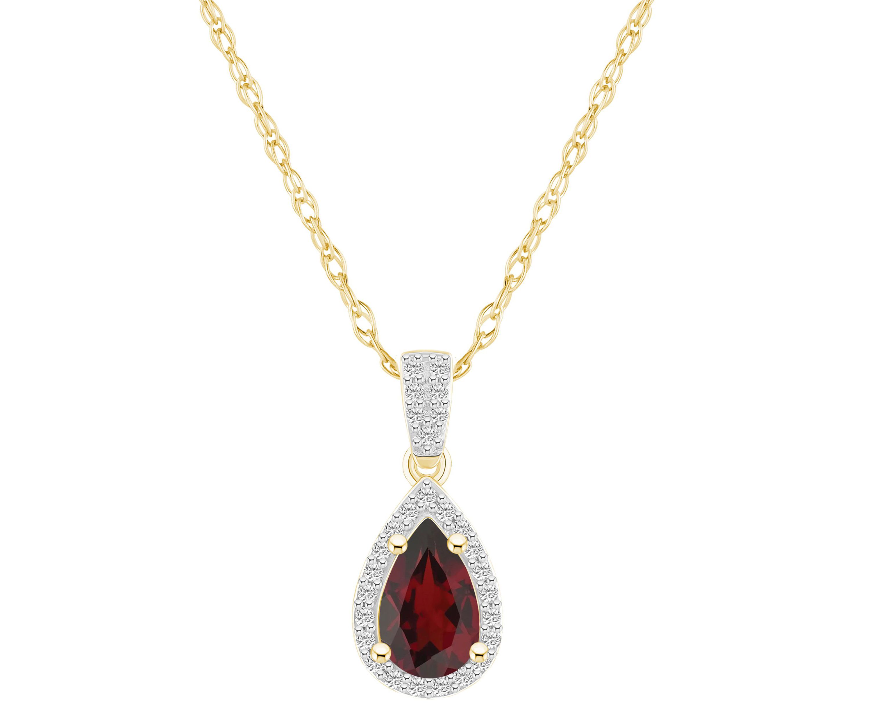 10K Yellow Gold 8x5mm Pear Shape Garnet And Created White Sapphire Halo Pendant Necklace