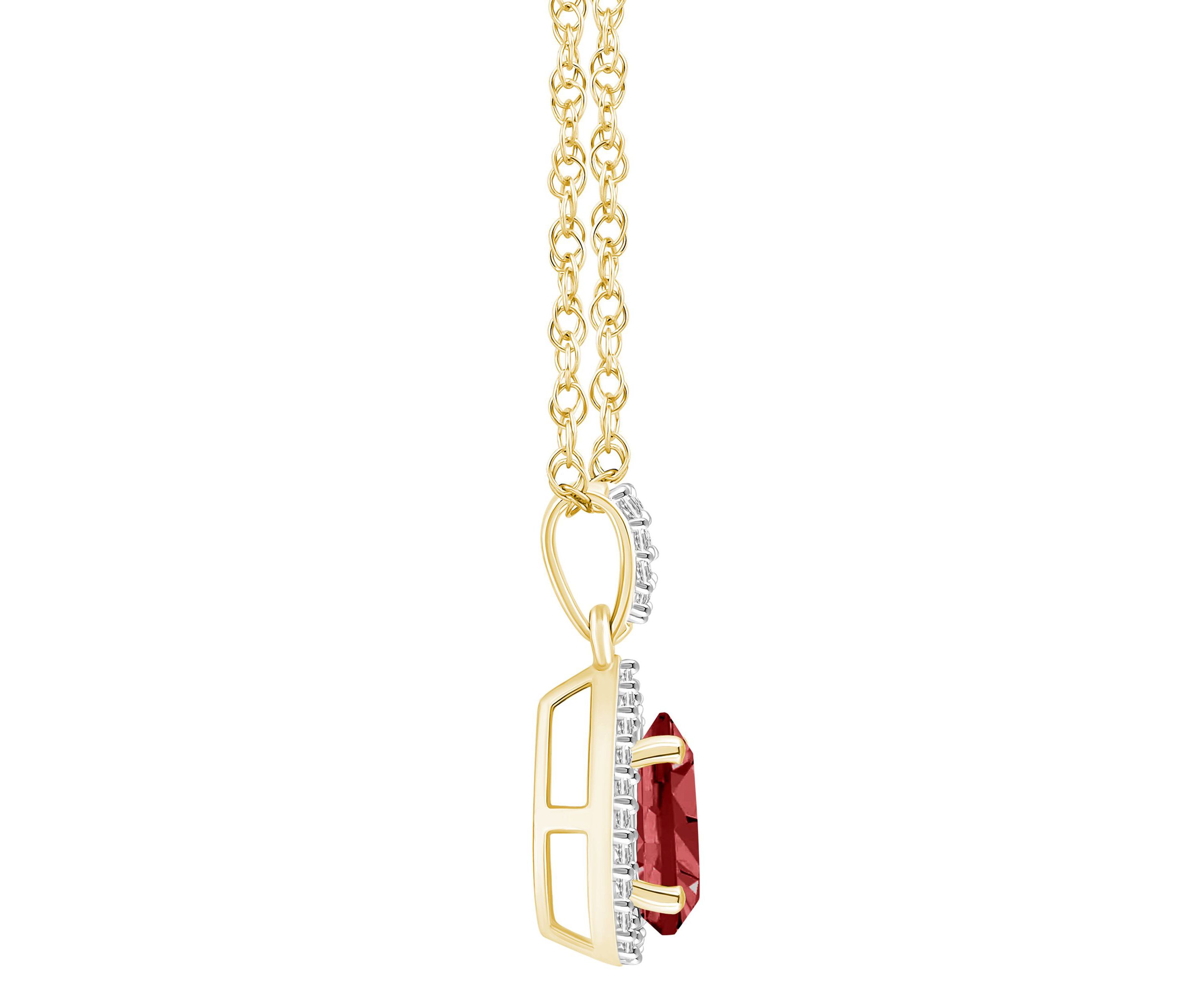 10K Yellow Gold 8x5mm Pear Shape Garnet And Created White Sapphire Halo Pendant Necklace
