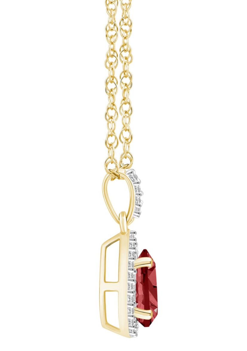 10K Yellow Gold 8x5mm Pear Shape Garnet And Created White Sapphire Halo Pendant Necklace