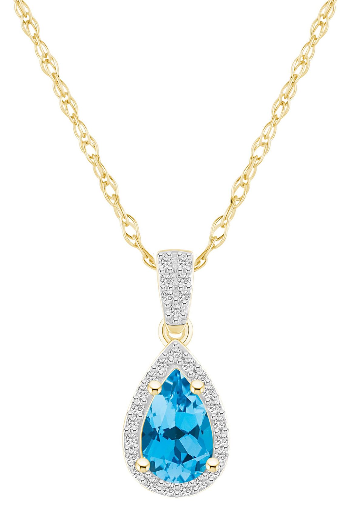 10K Yellow Gold 8x5mm Pear Shape Blue Topaz And Created White Sapphire Halo Pendant Necklace