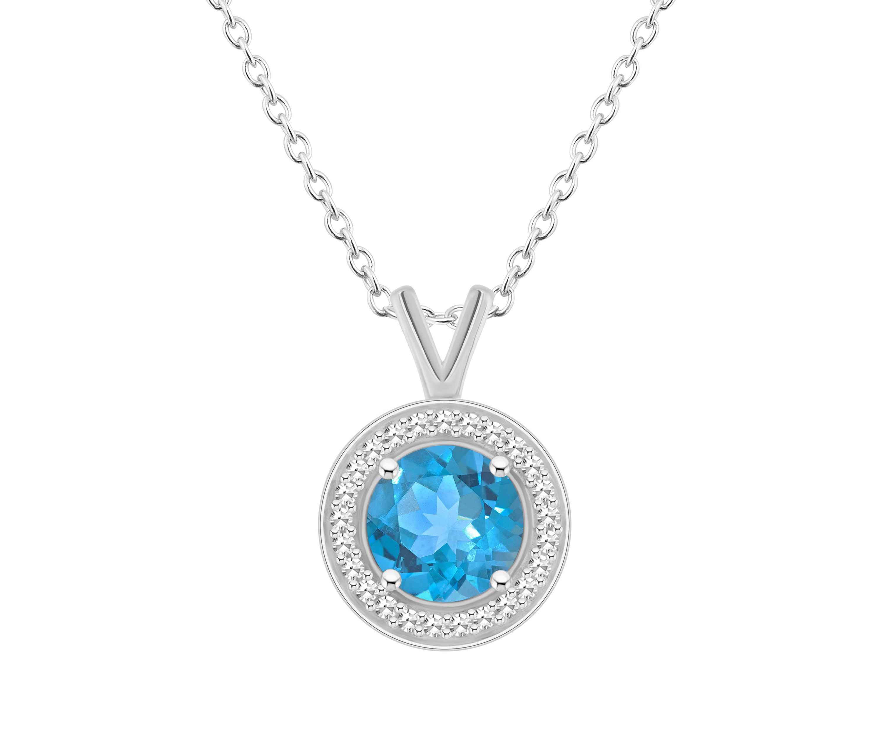 Sterling Silver 7mm Round Blue Topaz 1/8 CTTW Diamond Halo Pendant Necklace