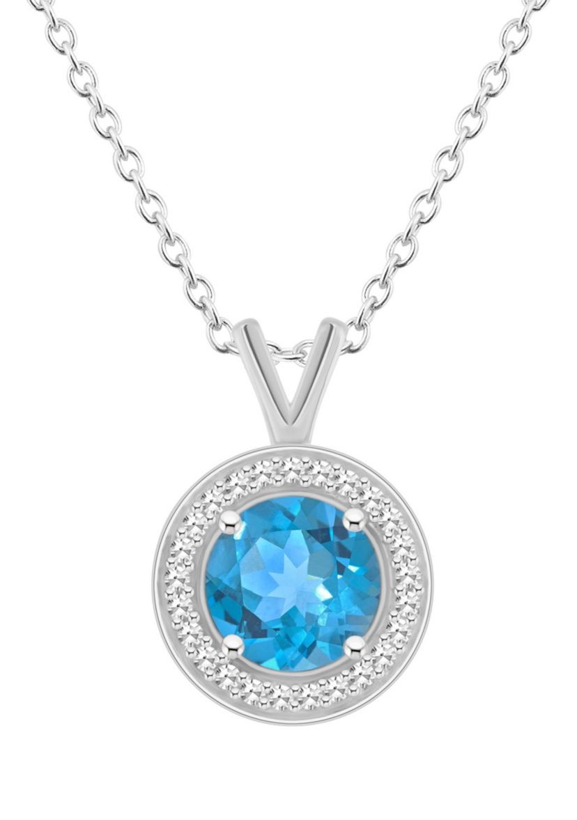 Sterling Silver 7mm Round Blue Topaz 1/8 CTTW Diamond Halo Pendant Necklace