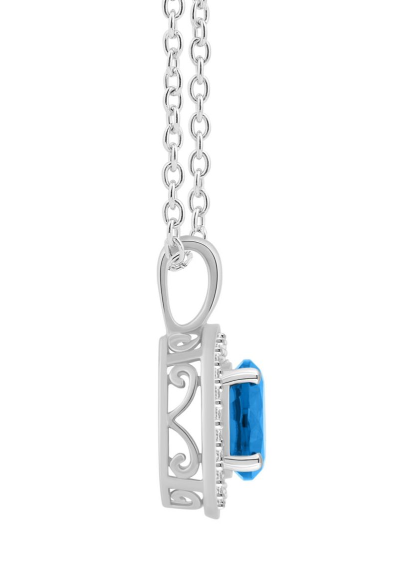 Sterling Silver 7mm Round Blue Topaz 1/8 CTTW Diamond Halo Pendant Necklace