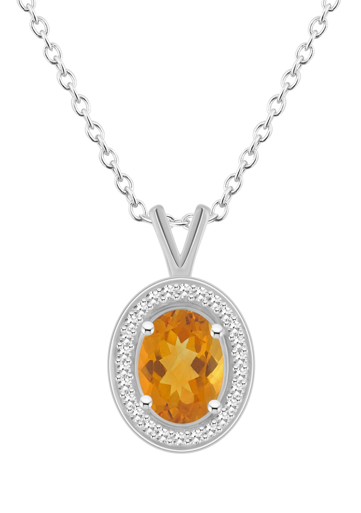 Sterling Silver 8x6mm Oval Citrine 1/8 CTTW Diamond Halo Pendant Necklace