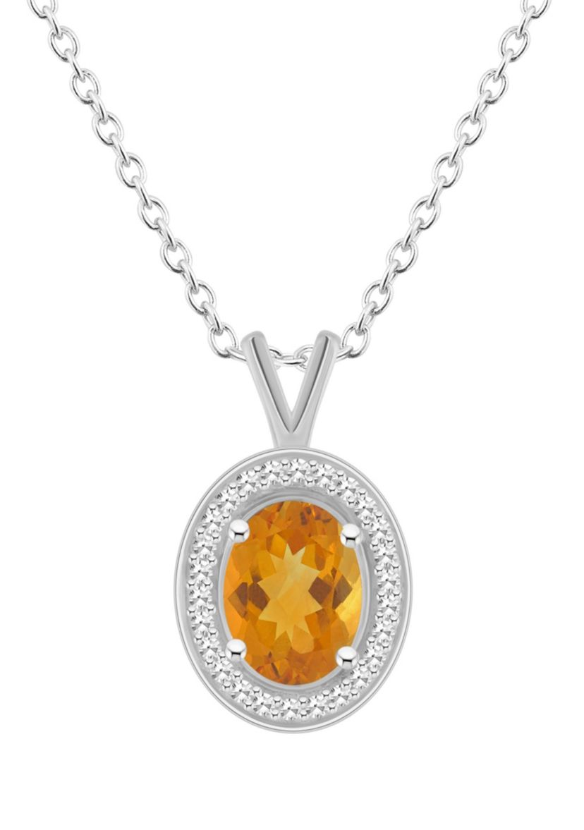 Sterling Silver 8x6mm Oval Citrine 1/8 CTTW Diamond Halo Pendant Necklace