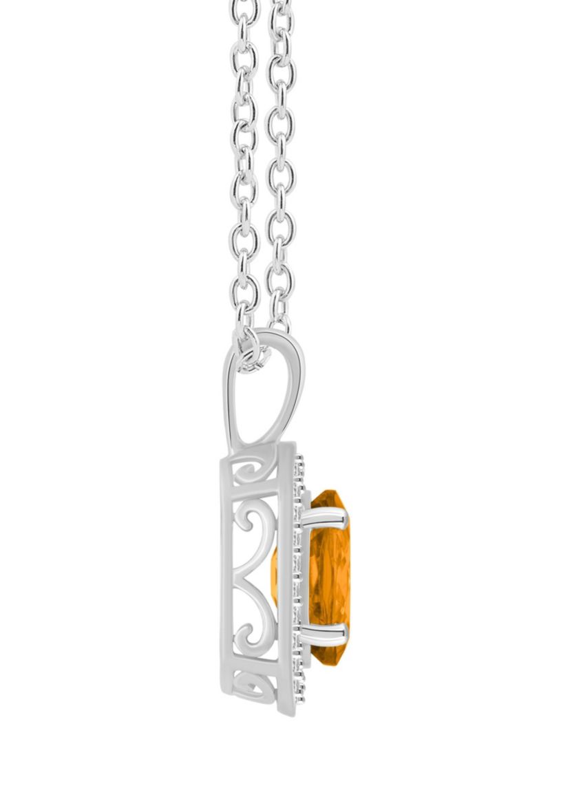 Sterling Silver 8x6mm Oval Citrine 1/8 CTTW Diamond Halo Pendant Necklace
