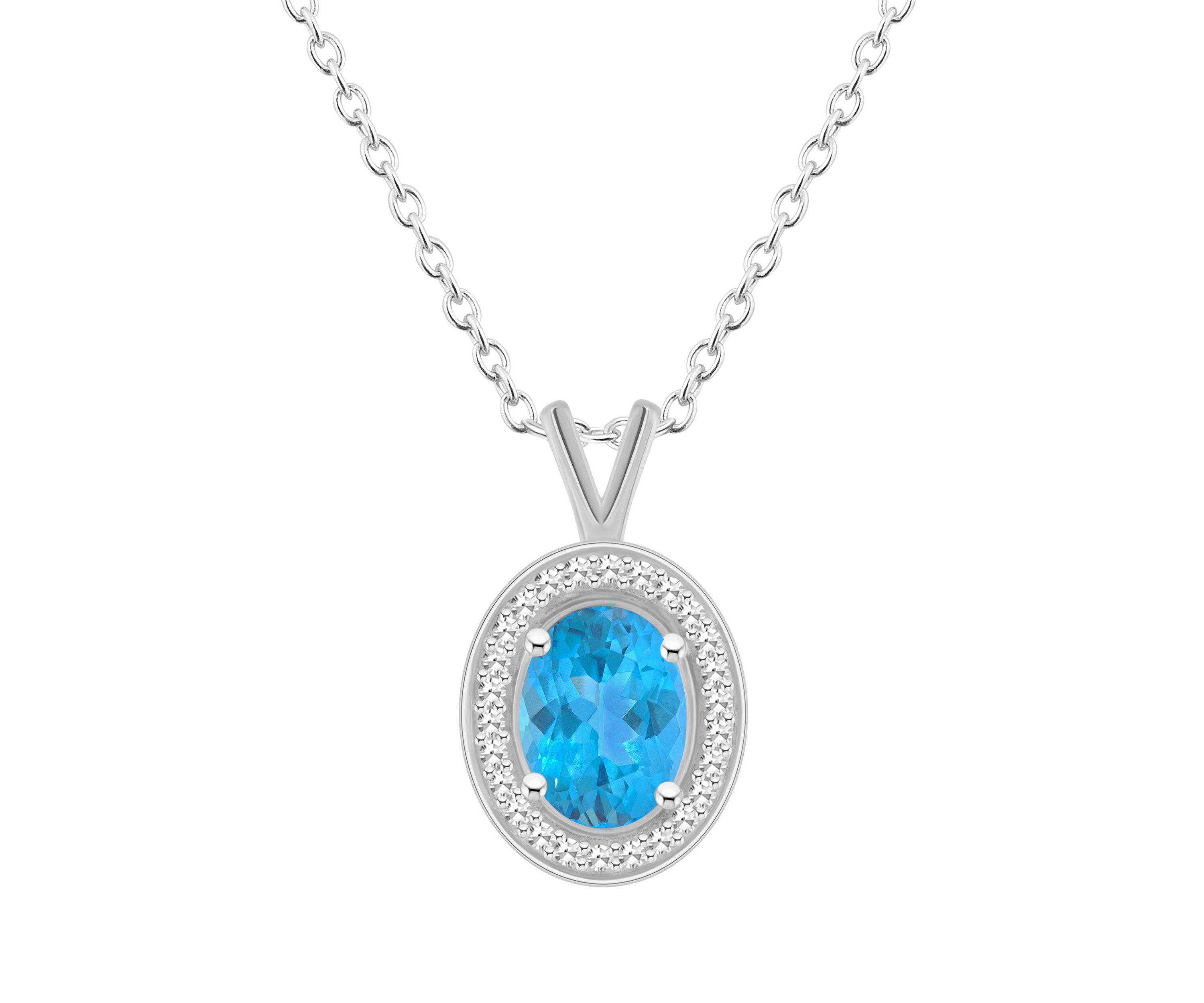 Sterling Silver 8x6mm Oval Blue Topaz 1/8 CTTW Diamond Halo Pendant Necklace