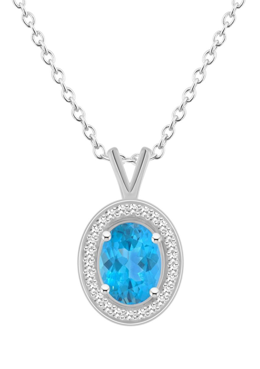 Sterling Silver 8x6mm Oval Blue Topaz 1/8 CTTW Diamond Halo Pendant Necklace