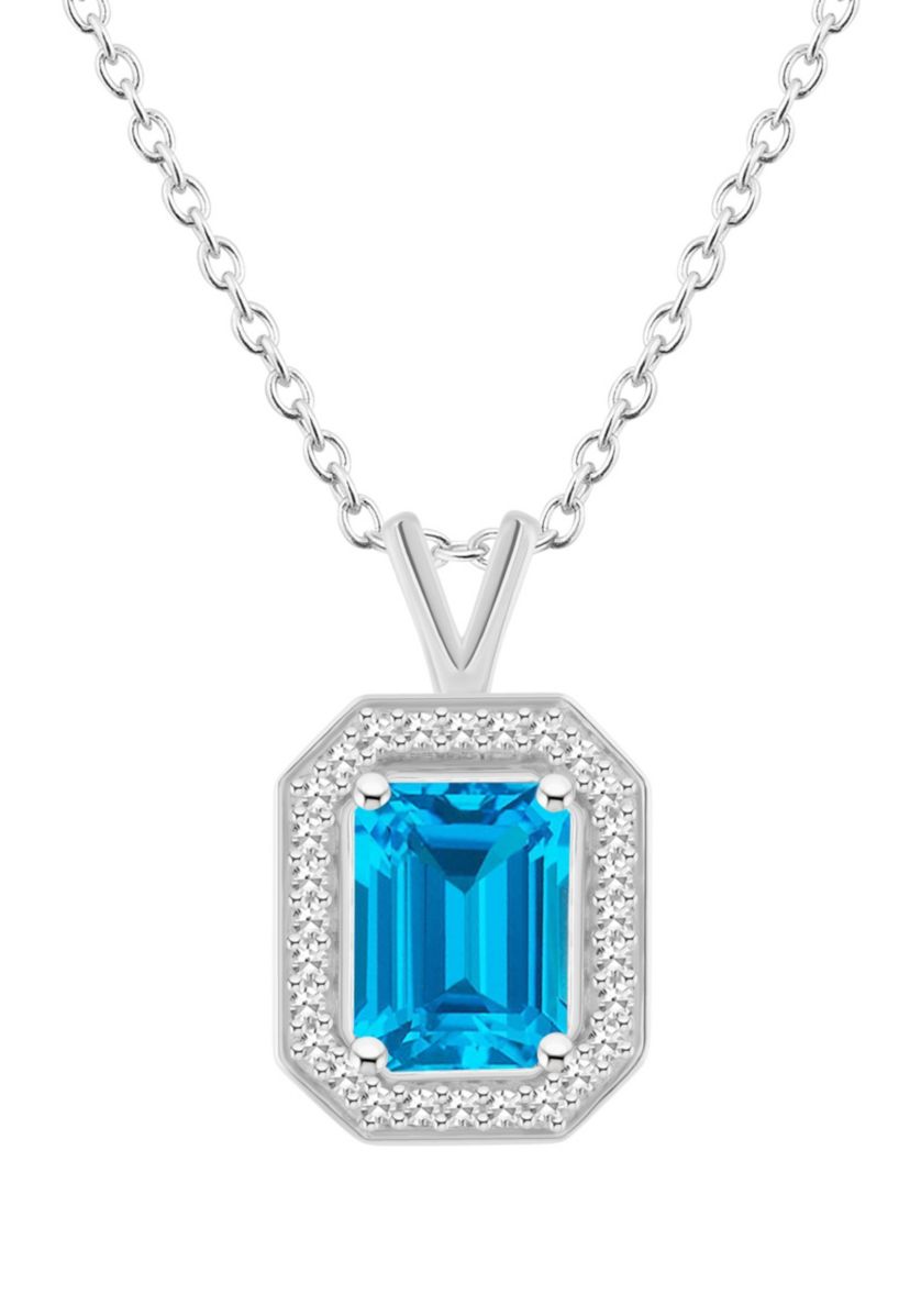 Sterling Silver 8x6mm Emerald Cut Blue Topaz 1/8 CTTW Diamond Halo Pendant Necklace