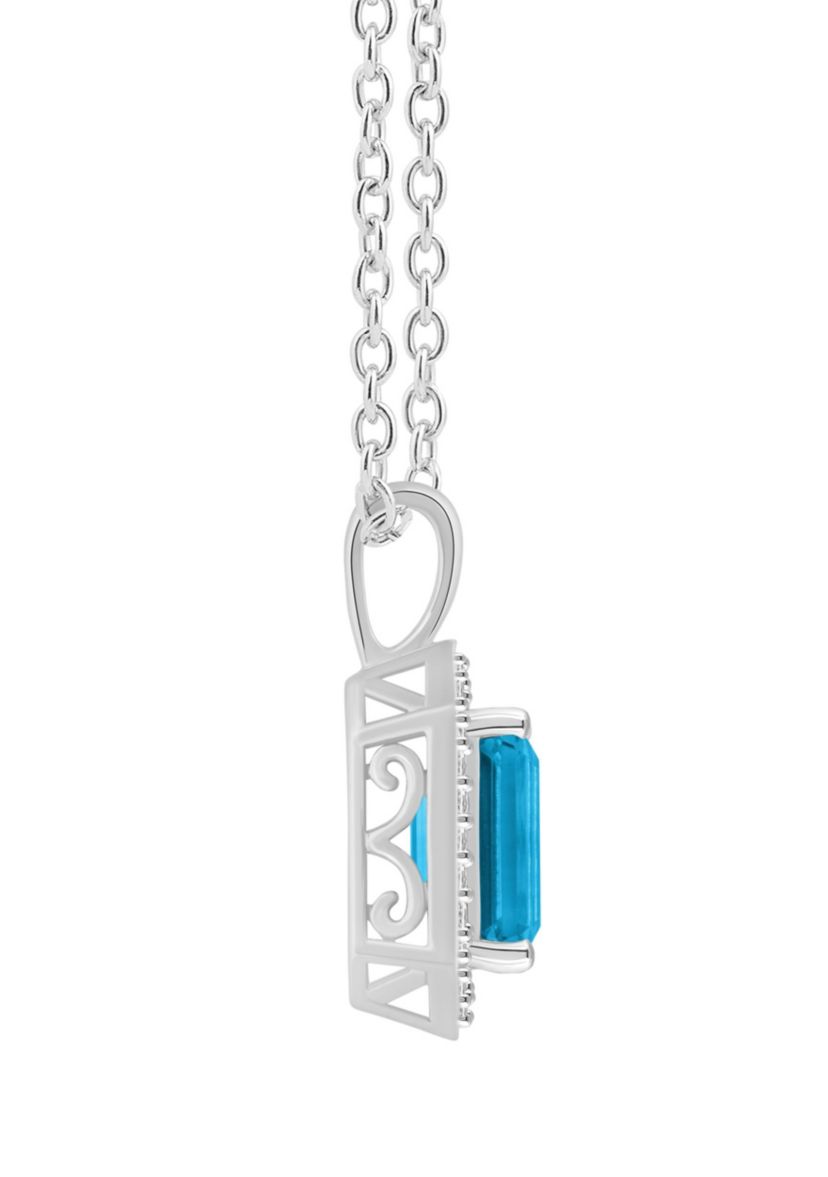 Sterling Silver 8x6mm Emerald Cut Blue Topaz 1/8 CTTW Diamond Halo Pendant Necklace