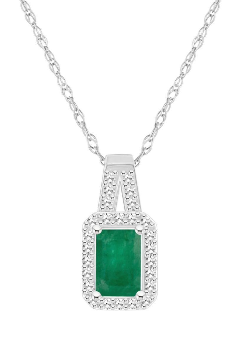 Sterling Silver 6x4mm Emerald Cut Emerald 1/8 CTTW Diamond Halo Pendant Necklace