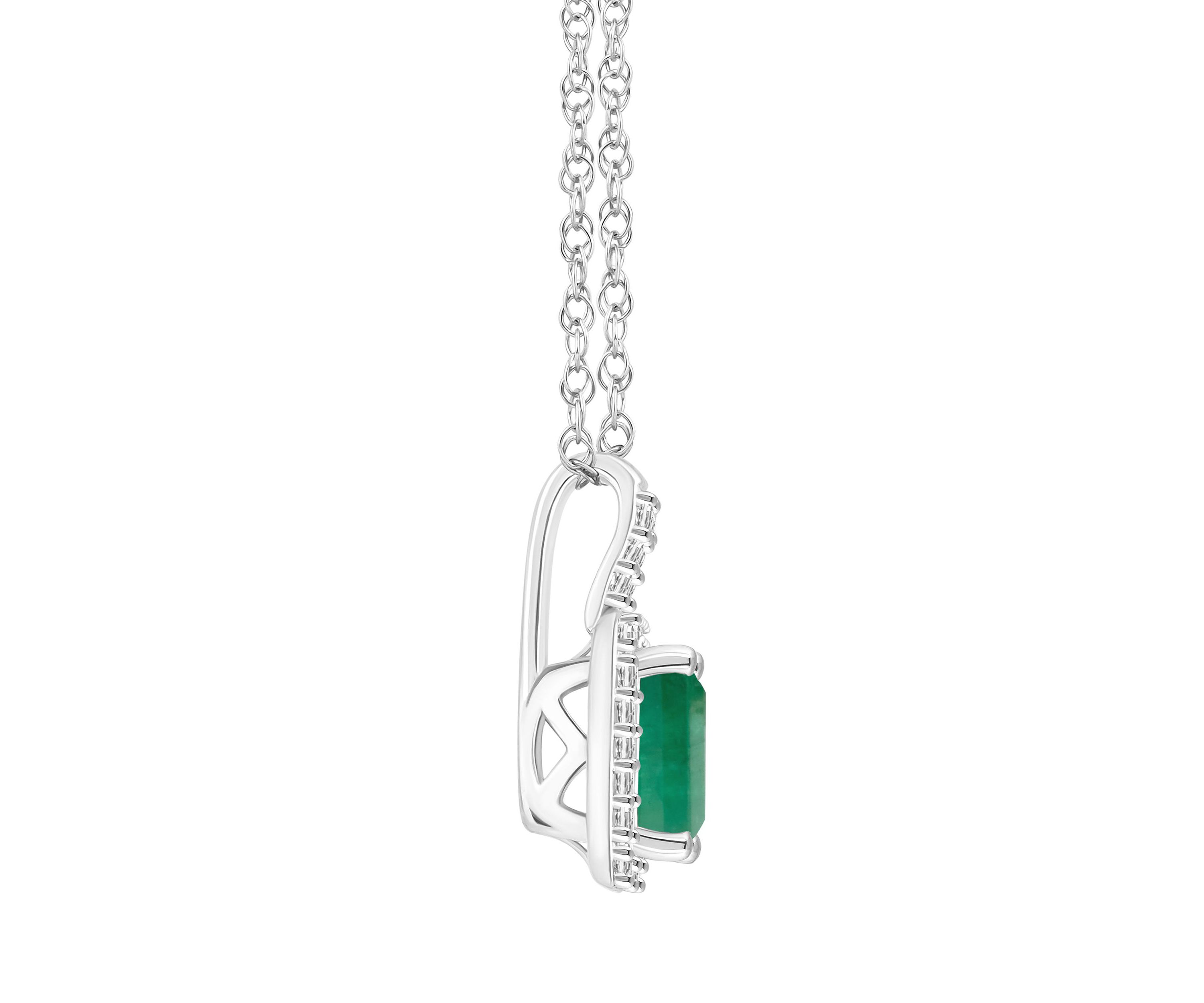 Sterling Silver 6x4mm Emerald Cut Emerald 1/8 CTTW Diamond Halo Pendant Necklace