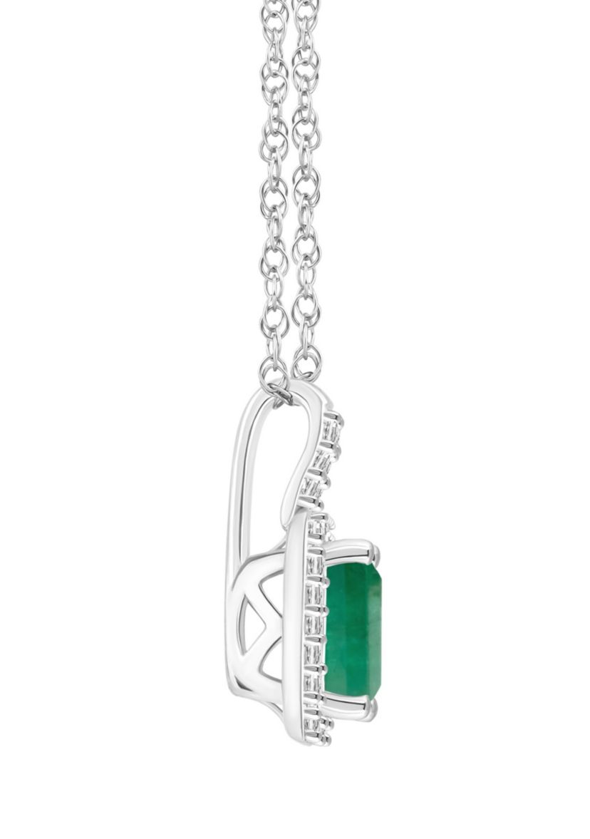 Sterling Silver 6x4mm Emerald Cut Emerald 1/8 CTTW Diamond Halo Pendant Necklace