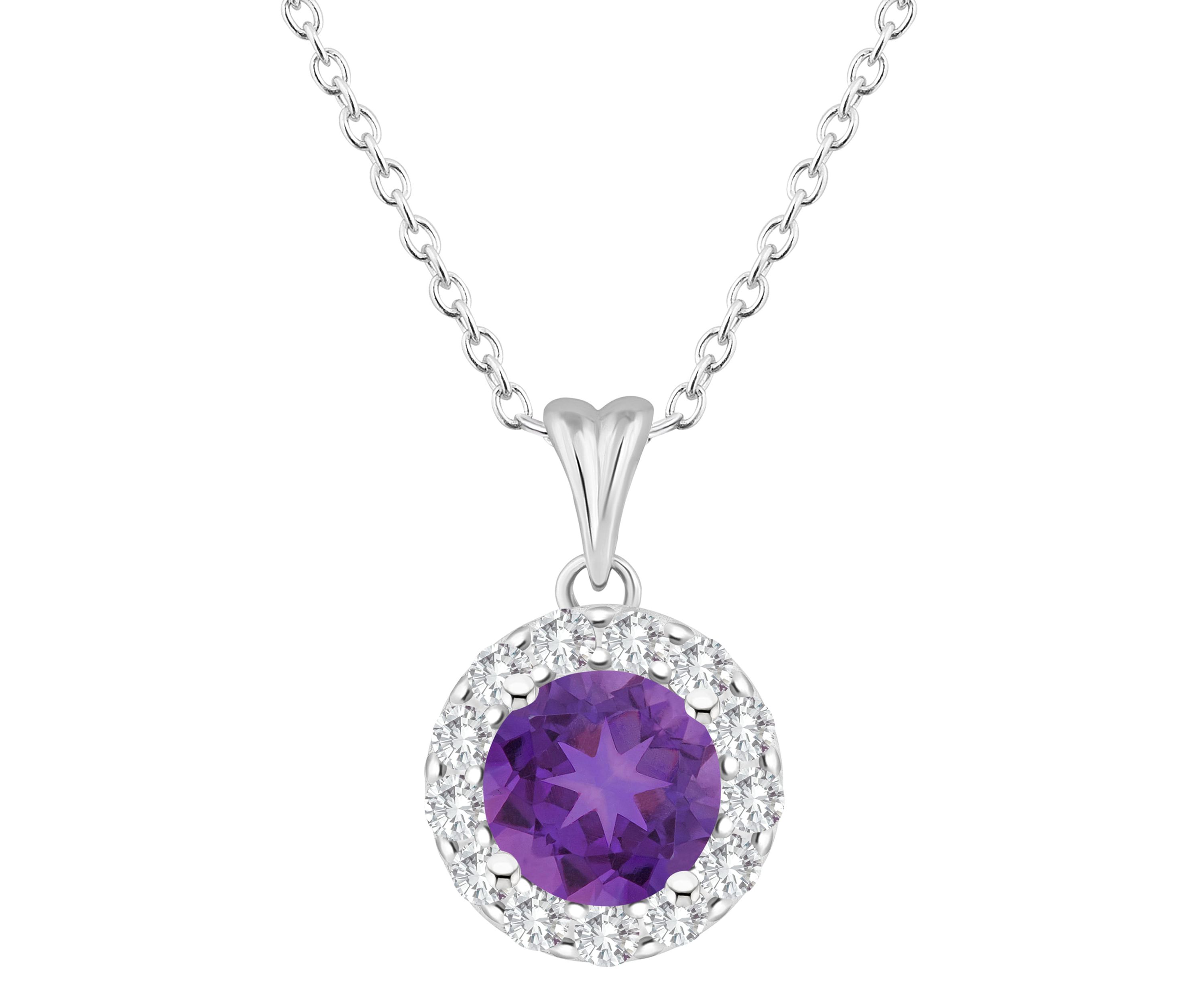 Sterling Silver 7mm Round Amethyst And White Topaz Halo Pendant Necklace
