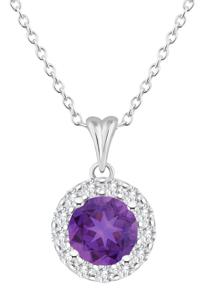 Sterling Silver 7mm Round Amethyst And White Topaz Halo Pendant Necklace