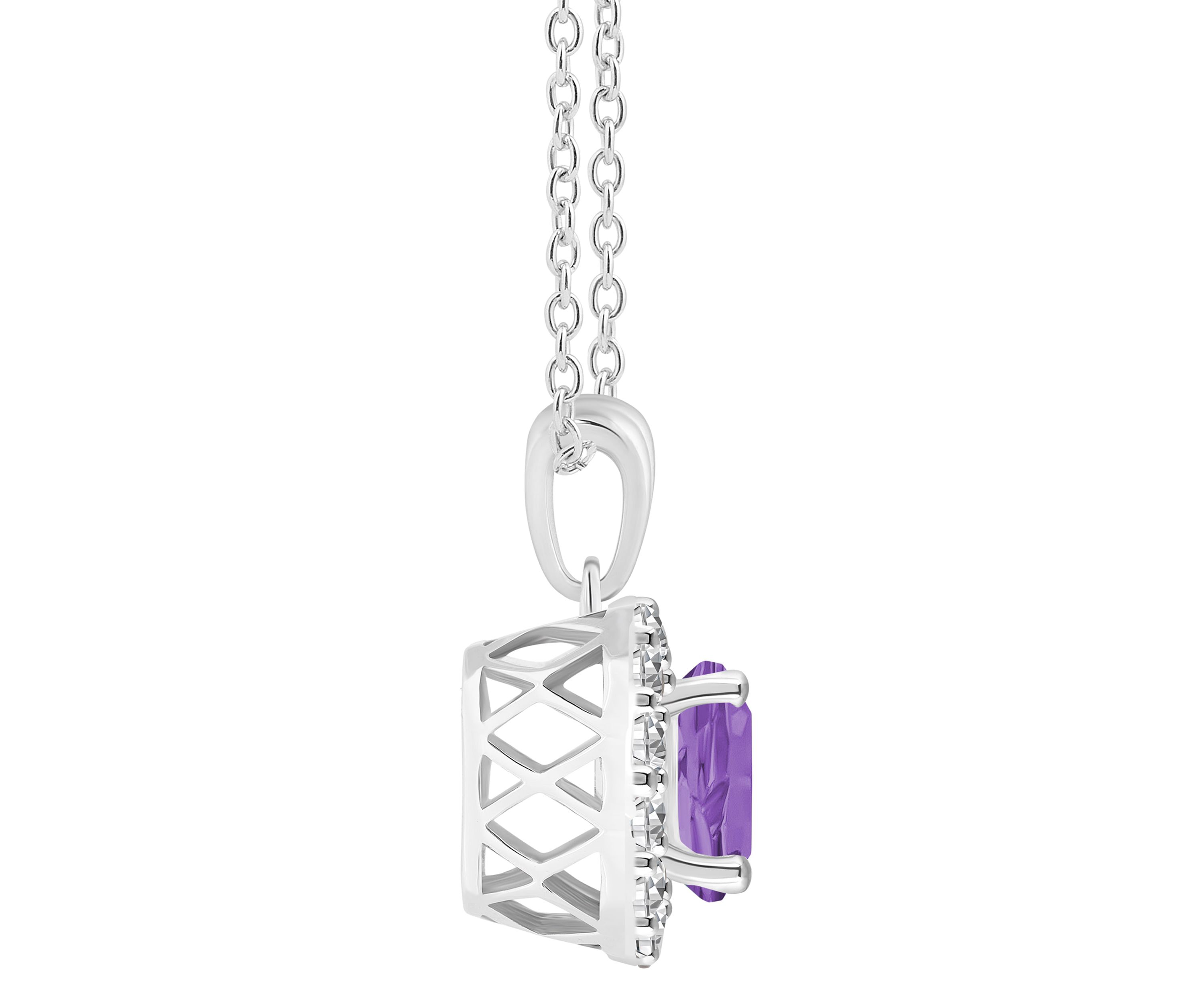 Sterling Silver 7mm Round Amethyst And White Topaz Halo Pendant Necklace