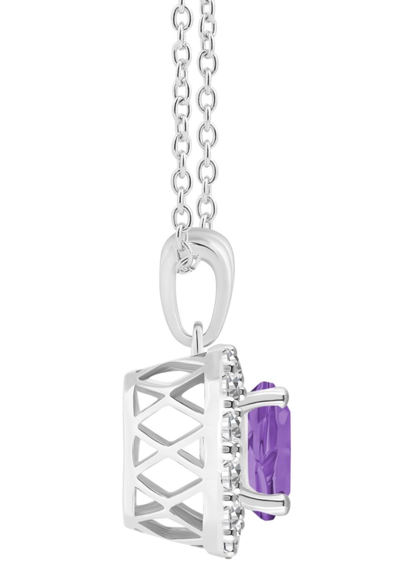 Sterling Silver 7mm Round Amethyst And White Topaz Halo Pendant Necklace