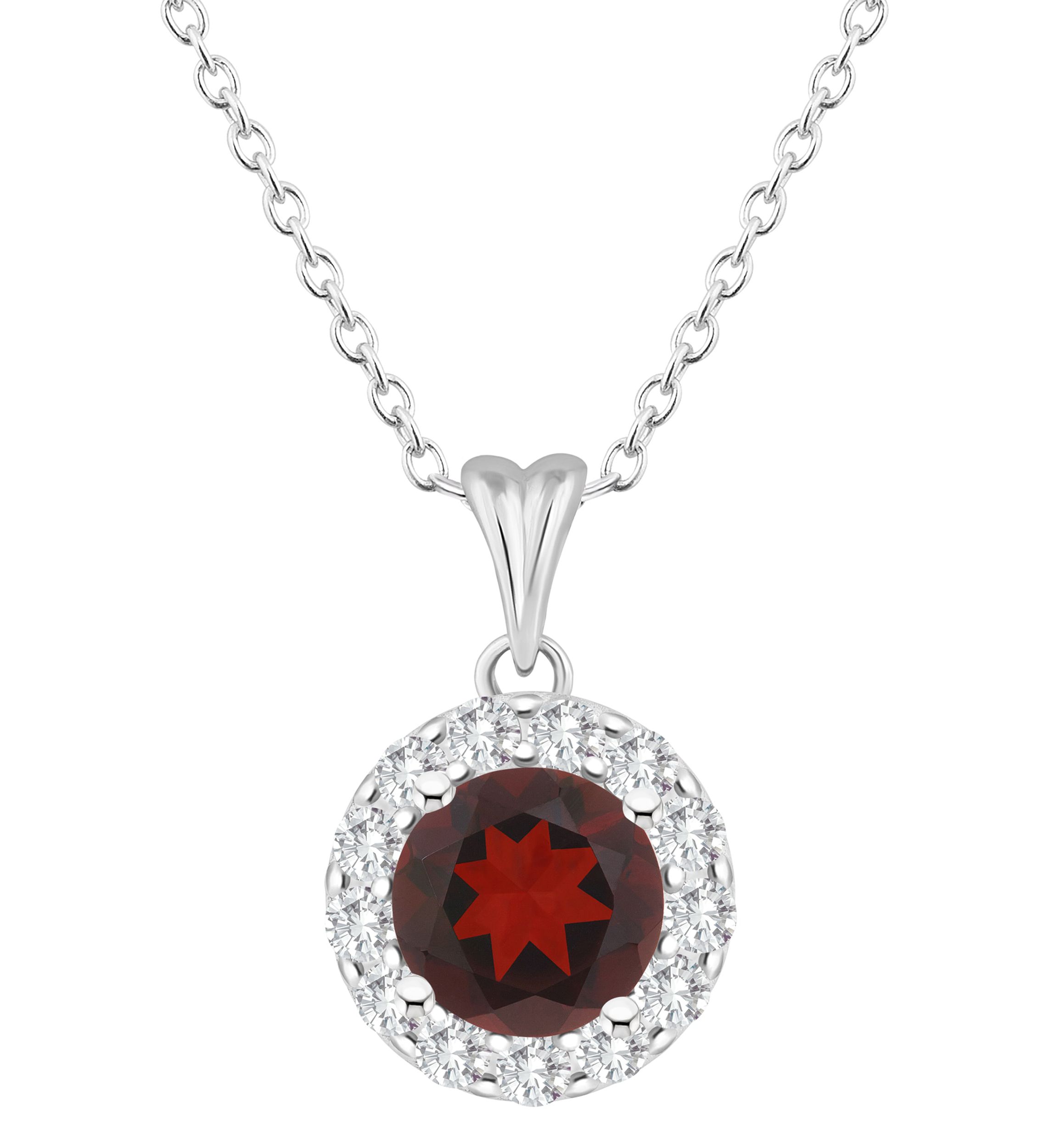 Sterling Silver 7mm Round Garnet And White Topaz Halo Pendant Necklace