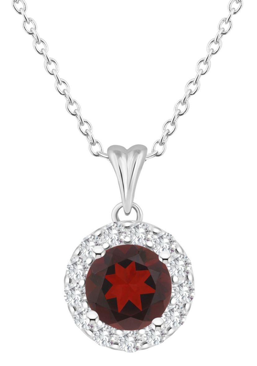 Sterling Silver 7mm Round Garnet And White Topaz Halo Pendant Necklace