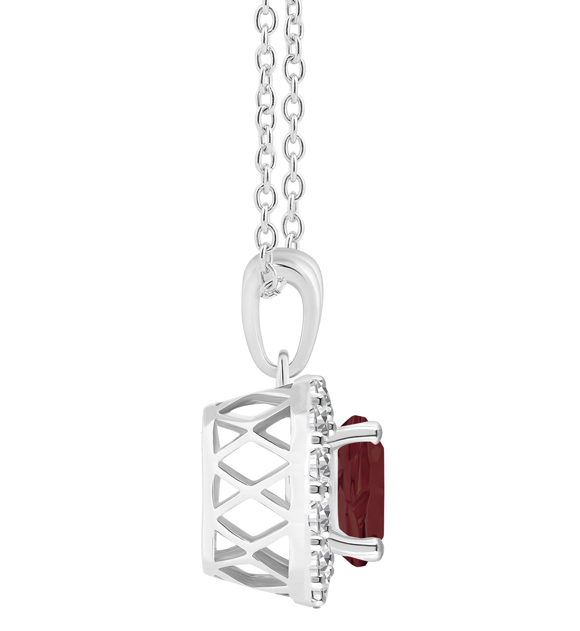 Sterling Silver 7mm Round Garnet And White Topaz Halo Pendant Necklace