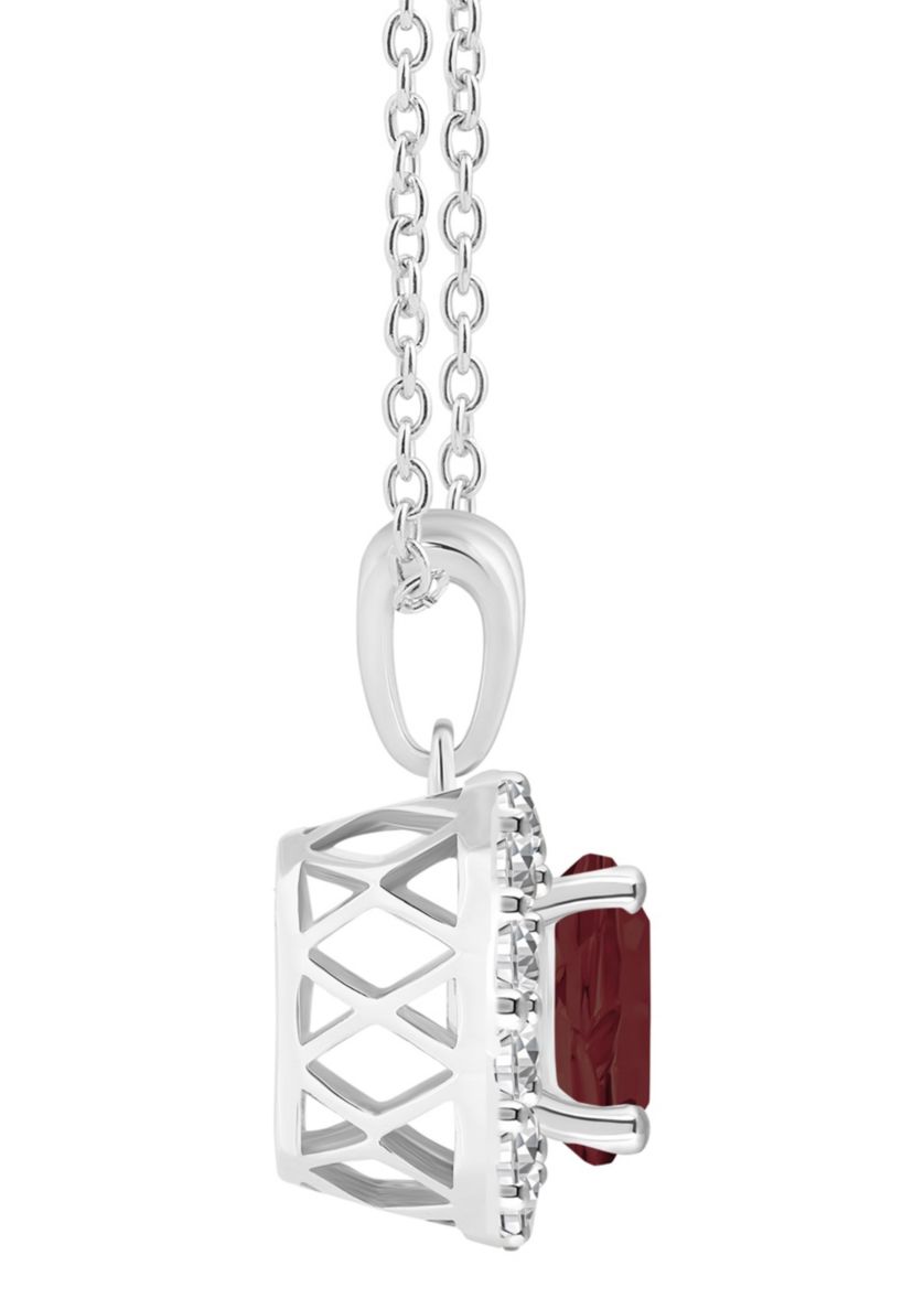 Sterling Silver 7mm Round Garnet And White Topaz Halo Pendant Necklace