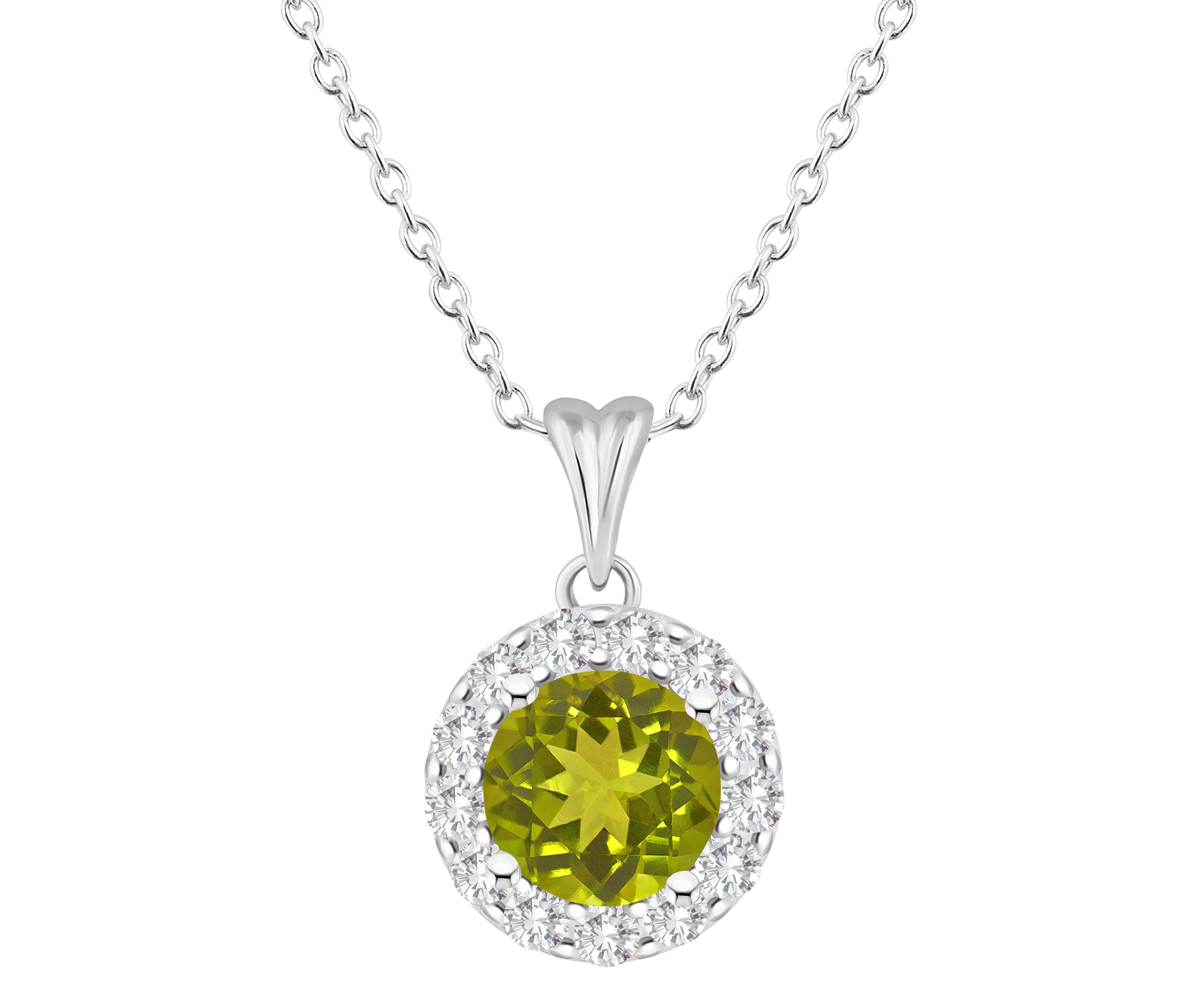 Sterling Silver 7mm Round Peridot And White Topaz Halo Pendant Necklace